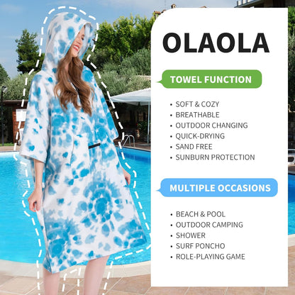 OLAOLA Printed Tie-dye Blue Surf Poncho Changing Towel Swim Robe Quick Dry Terry Cloth Cover-Up Hood Beach Towels