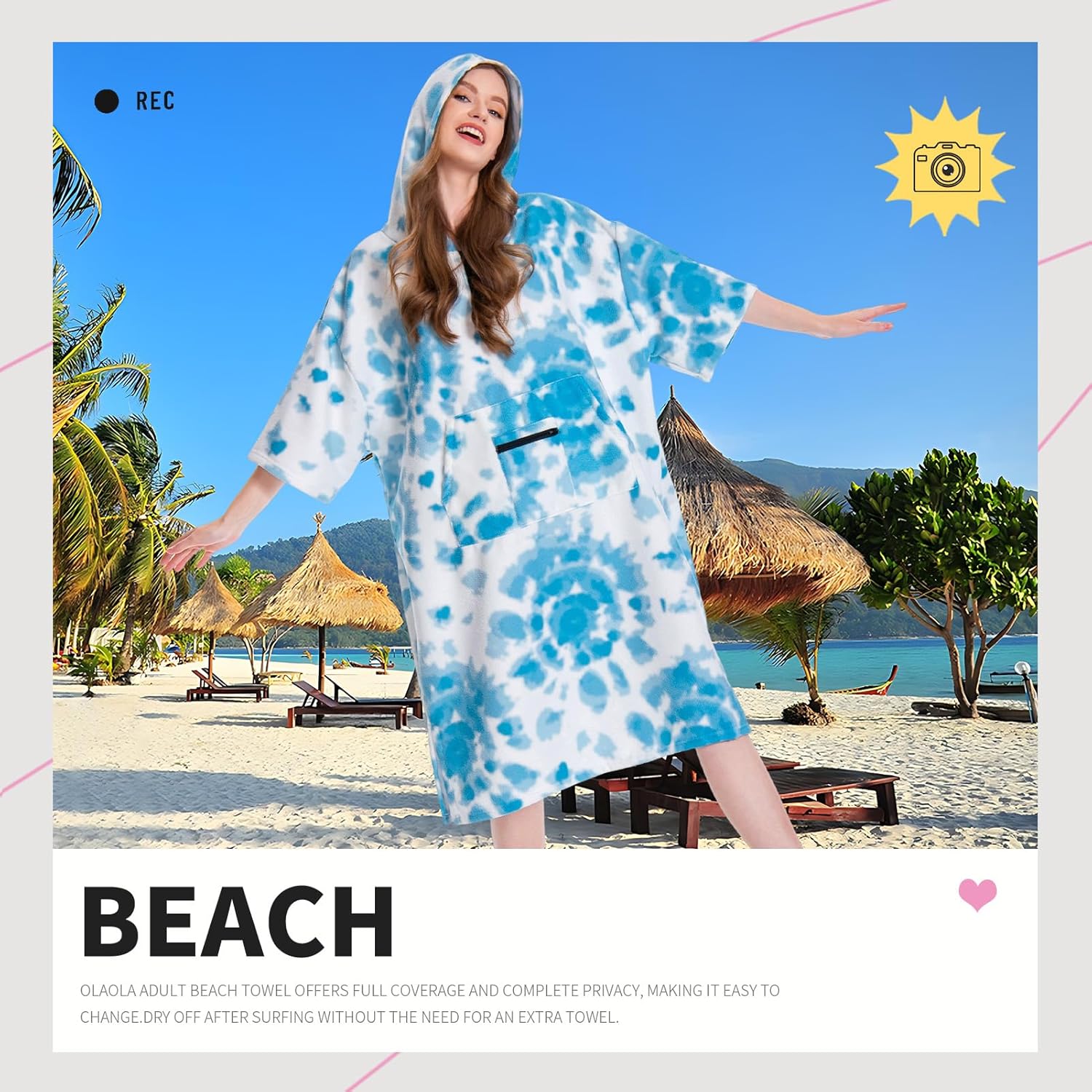 OLAOLA Printed Tie-dye Blue Surf Poncho Changing Towel Swim Robe Quick Dry Terry Cloth Cover-Up Hood Beach Towels