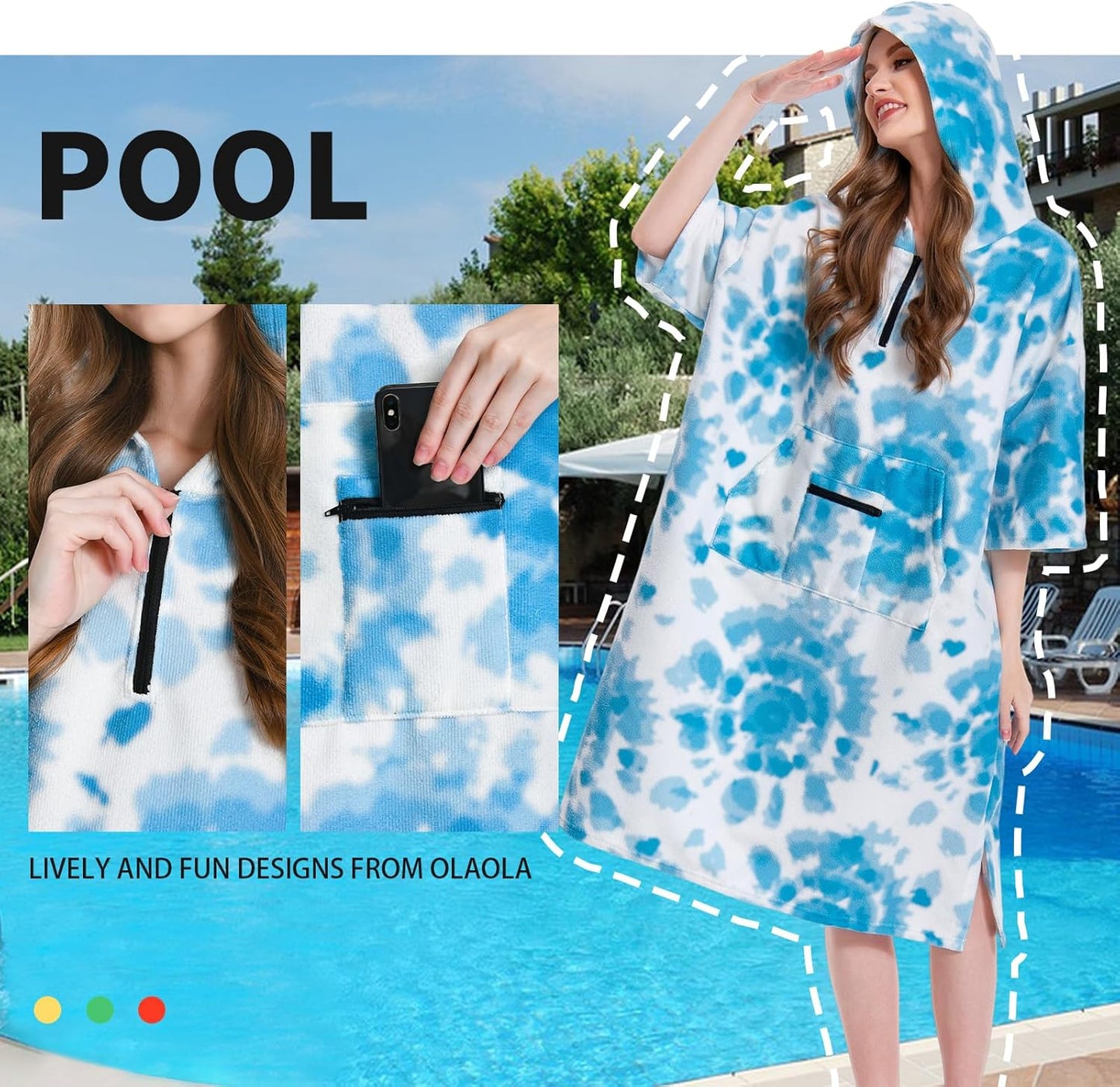 OLAOLA Printed Tie-dye Blue Surf Poncho Changing Towel Swim Robe Quick Dry Terry Cloth Cover-Up Hood Beach Towels