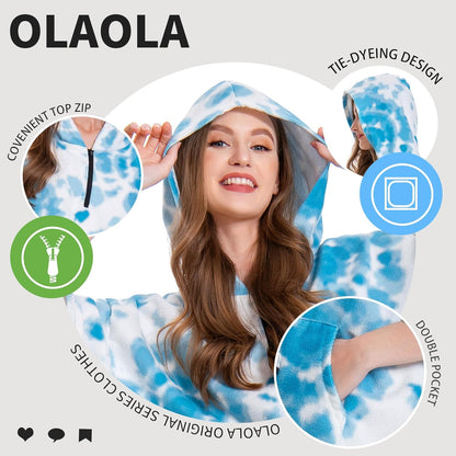 OLAOLA Printed Tie-dye Blue Surf Poncho Changing Towel Swim Robe Quick Dry Terry Cloth Cover-Up Hood Beach Towels