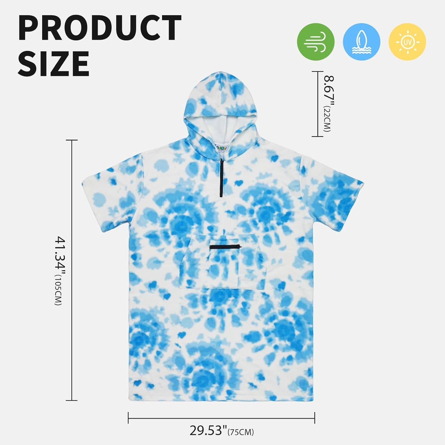OLAOLA Printed Tie-dye Blue Surf Poncho Changing Towel Swim Robe Quick Dry Terry Cloth Cover-Up Hood Beach Towels