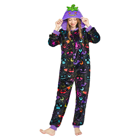 OLAOLA Purple Pumpkin Printed Pajamas Plush Animals Onesie Adult Soft Sleepwear Halloween Carnival Suit