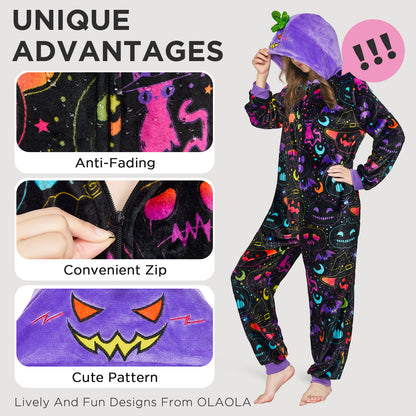 OLAOLA Purple Pumpkin Printed Pajamas Plush Animals Onesie Adult Soft Sleepwear Halloween Carnival Suit