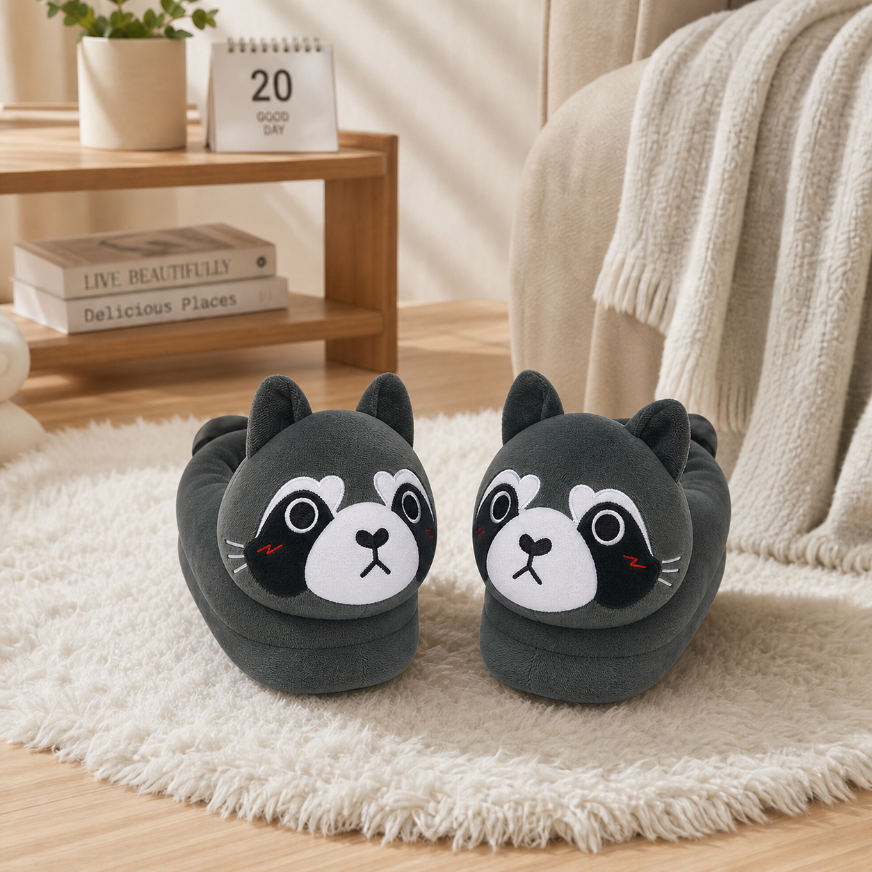 OLAOLA Raccoon Slippers Warm Plush Animal Indoor Non-slip Home Fluffy Thick Bottom Shoes Gifts For Birthday Christmas