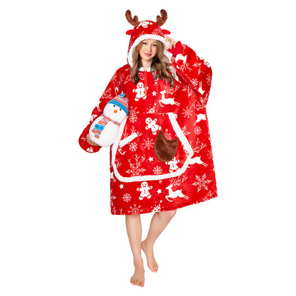 OLAOLA Red Christmas Elk Gingerbread Man Wearable Blanket Hoodie Animals Onesie Oversized Soft Homwear For Adult