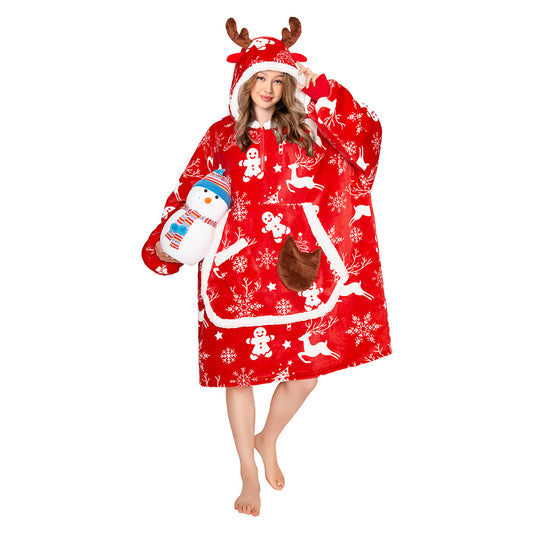 OLAOLA Red Christmas Elk Gingerbread Man Wearable Blanket Hoodie Animals Onesie Oversized Soft Homwear For Adult