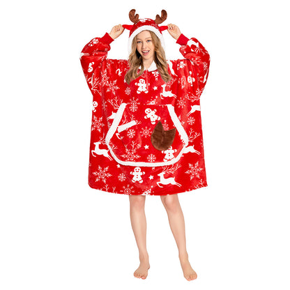 OLAOLA Red Christmas Elk Gingerbread Man Wearable Blanket Hoodie Animals Onesie Oversized Soft Homwear For Adult