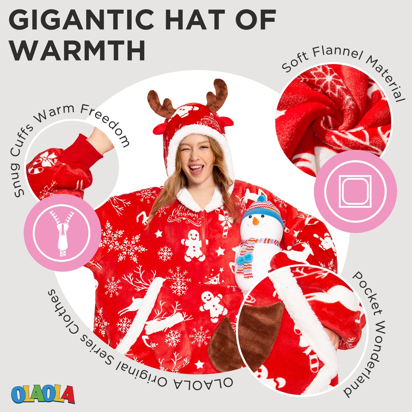 OLAOLA Red Christmas Elk Gingerbread Man Wearable Blanket Hoodie Animals Onesie Oversized Soft Homewear For Adult