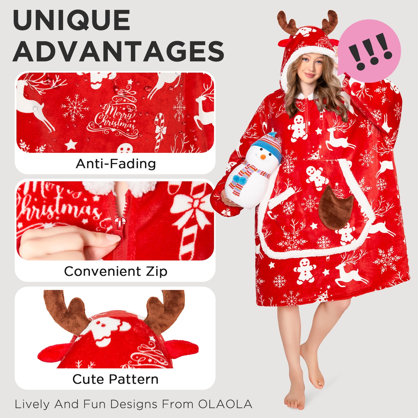 OLAOLA Red Christmas Elk Gingerbread Man Wearable Blanket Hoodie Animals Onesie Oversized Soft Homewear For Adult