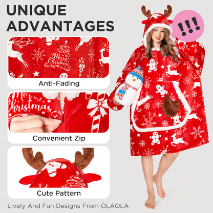 OLAOLA Red Christmas Elk Gingerbread Man Wearable Blanket Hoodie Animals Onesie Oversized Soft Homewear For Adult