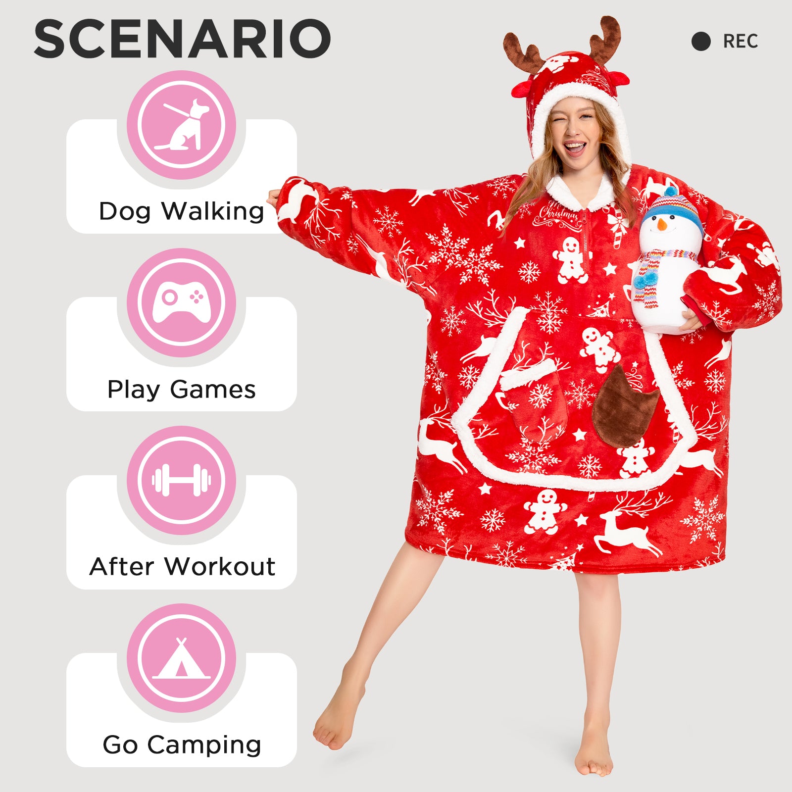 OLAOLA Red Christmas Elk Gingerbread Man Wearable Blanket Hoodie Animals Onesie Oversized Soft Homewear For Adult
