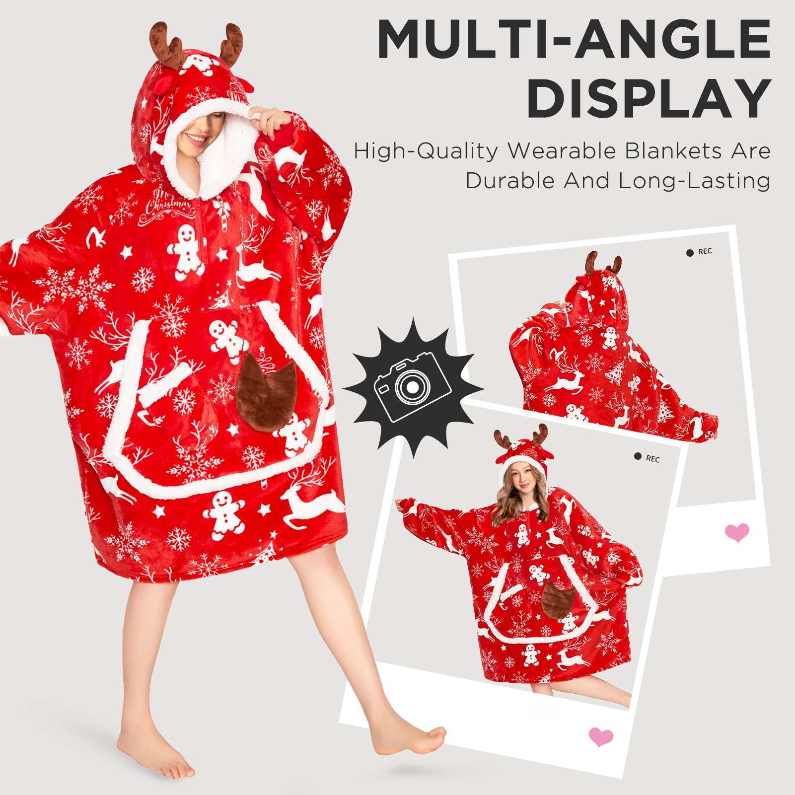 OLAOLA Red Christmas Elk Gingerbread Man Wearable Blanket Hoodie Animals Onesie Oversized Soft Homewear For Adult