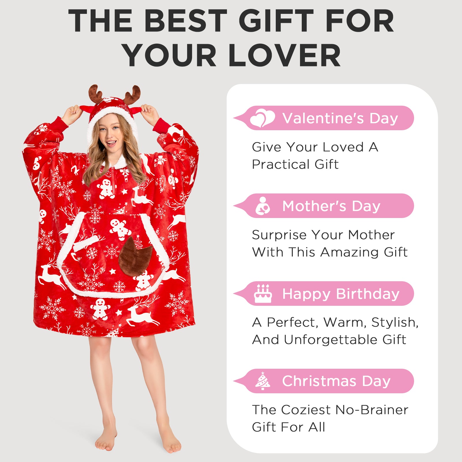 OLAOLA Red Christmas Elk Gingerbread Man Wearable Blanket Hoodie Animals Onesie Oversized Soft Homewear For Adult
