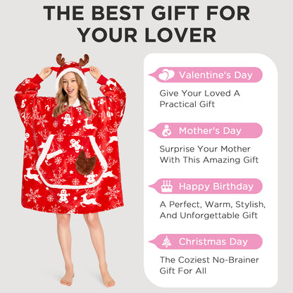 OLAOLA Red Christmas Elk Gingerbread Man Wearable Blanket Hoodie Animals Onesie Oversized Soft Homewear For Adult