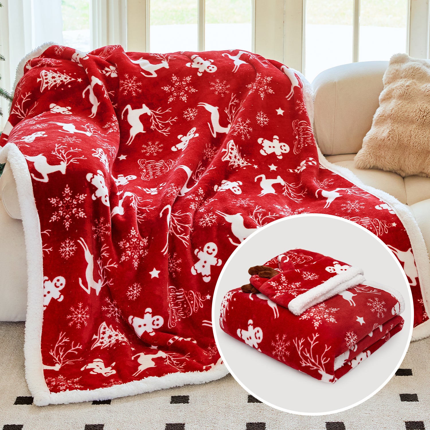 OLAOLA Red Christmas Flannel Blanket With Hat Original Design Warm Fuzzy Soft Bed Couch Sofa Throw Blanket Home Decoration