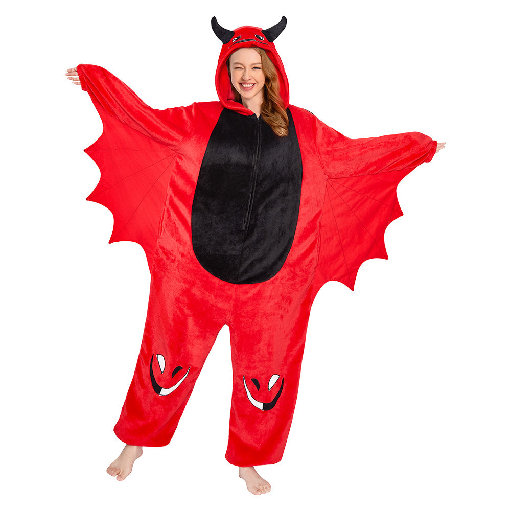 OLAOLA Red Devil Pajamas Animals Onesie Plush Warm Home One Piece Homewear For Adult Halloween Sleepwear Party