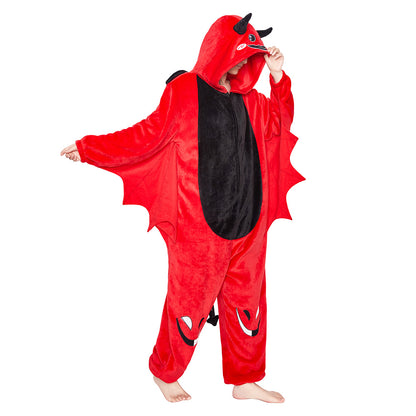 OLAOLA Red Devil Pajamas Animals Onesie Plush Warm Home One Piece Homewear For Adult Halloween Sleepwear Party