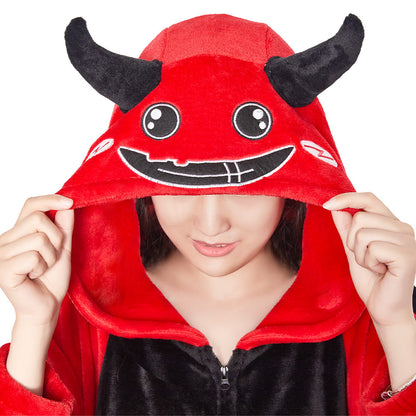 OLAOLA Red Devil Pajamas Animals Onesie Plush Warm Home One Piece Homewear For Adult Halloween Sleepwear Party