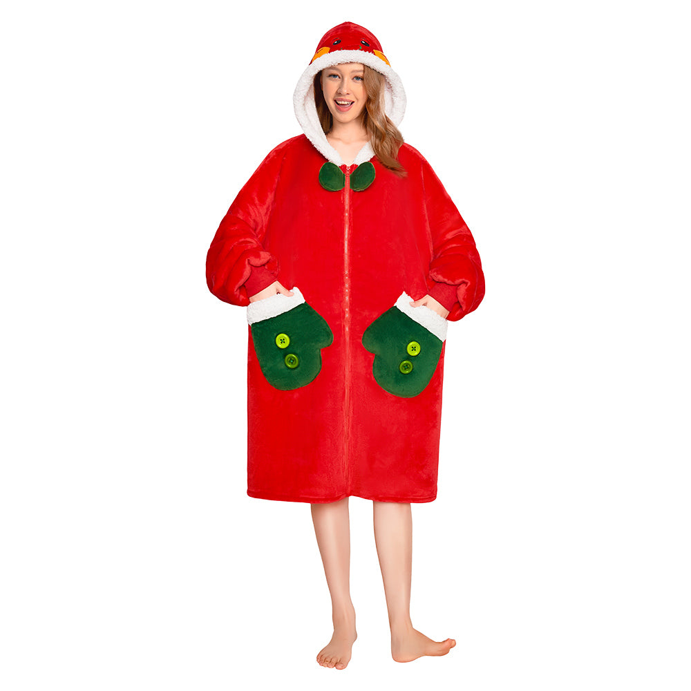 OLAOLA Red Gingerbread Man Christmas Wearable Blanket Hoodie With Zipper Oversized Fleece Sherpa Fluffy Hooded Blanket