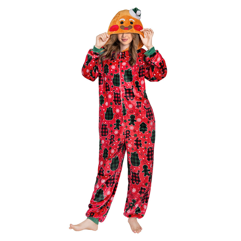 OLAOLA Red Gingerbread Man Printed Adult Pajamas Plush Sleeping Onesie Warm Home One-Piece Sleepwear Christmas Party Suit