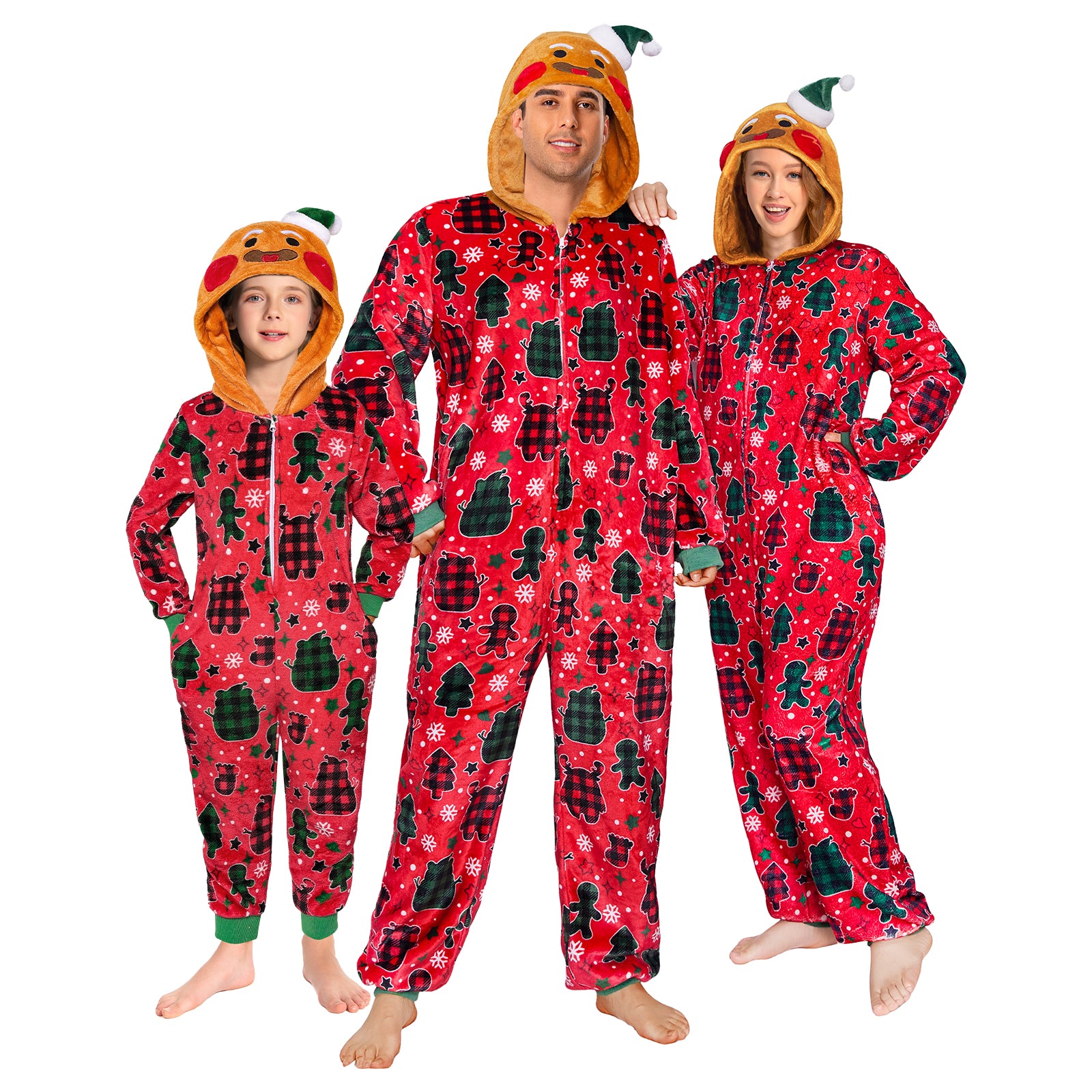 OLAOLA Red Gingerbread Man Printed Adult Pajamas Plush Sleeping Onesie Warm Home One-Piece Sleepwear Christmas Party Suit
