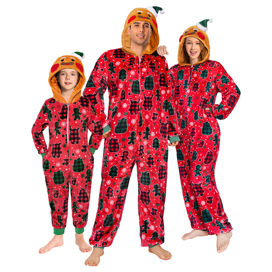 OLAOLA Red Gingerbread Man Printed Adult Pajamas Plush Sleeping Onesie Warm Home One-Piece Sleepwear Christmas Party Suit