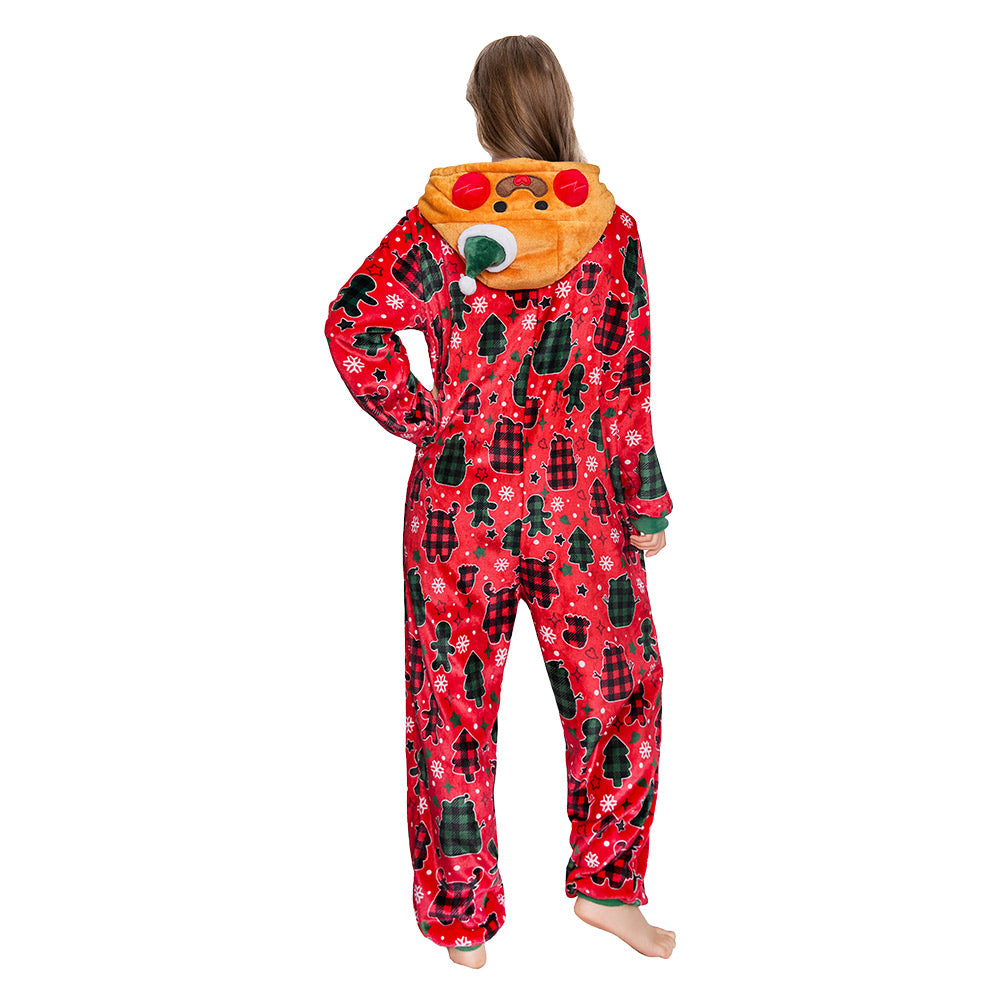 OLAOLA Red Gingerbread Man Printed Adult Pajamas Plush Sleeping Onesie Warm Home One-Piece Sleepwear Christmas Party Suit