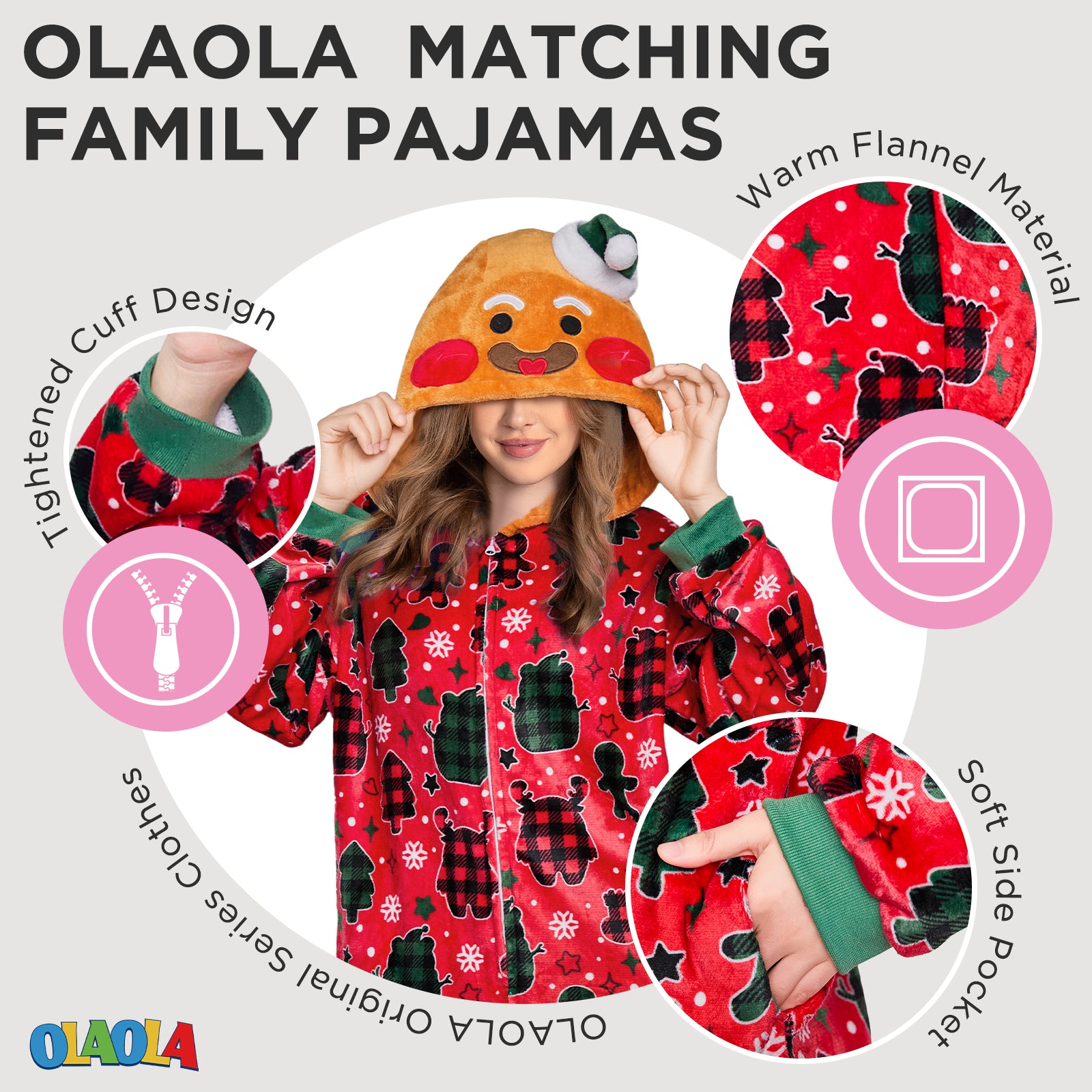 OLAOLA Red Gingerbread Man Printed Adult Pajamas Plush Sleeping Onesie Warm Home One-Piece Sleepwear Christmas Party Suit