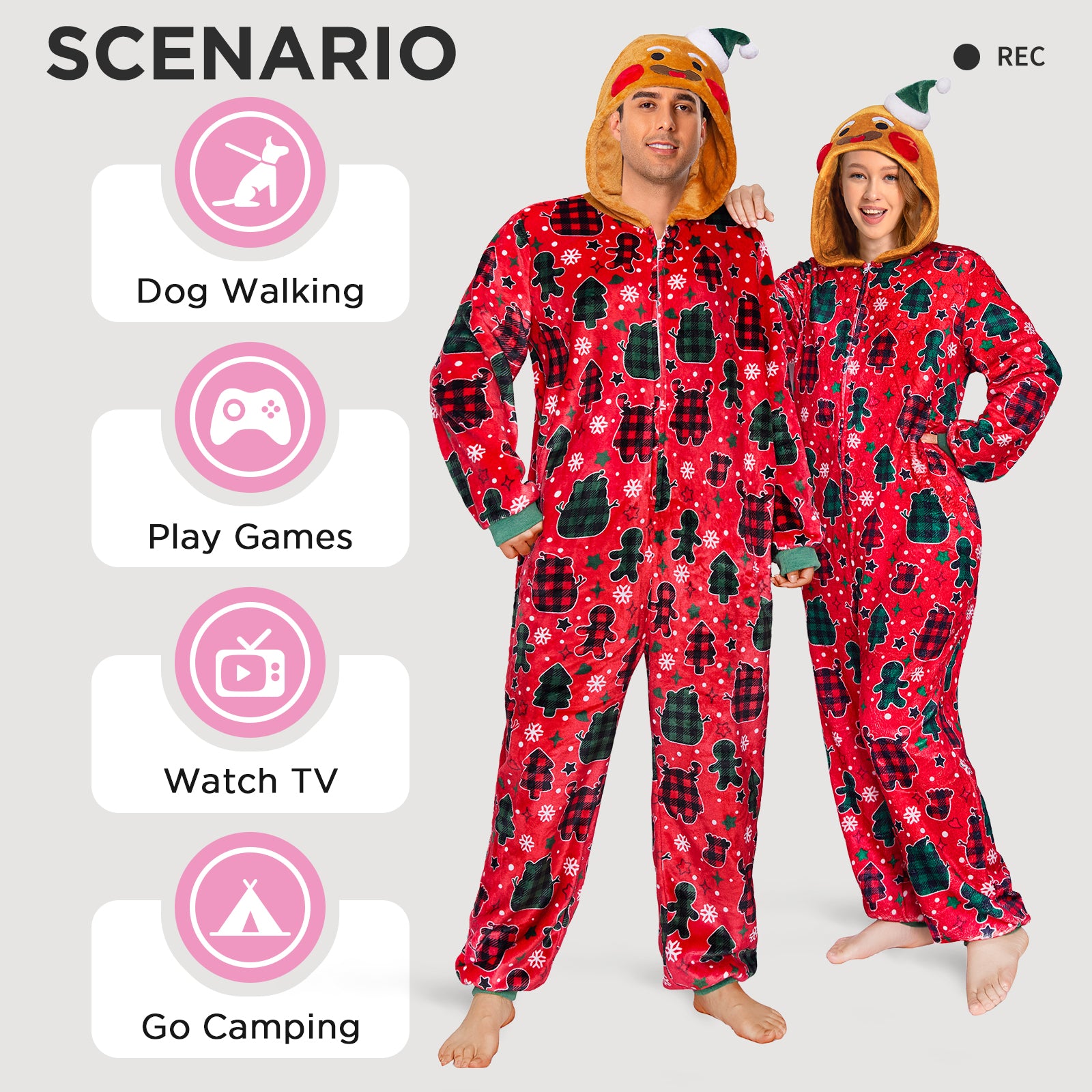 OLAOLA Red Gingerbread Man Printed Adult Pajamas Plush Sleeping Onesie Warm Home One-Piece Sleepwear Christmas Party Suit