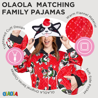 OLAOLA Red Printed Christmas Dog Pajamas Plush Animals Onesie Adult Soft Sleepwear Halloween Carnival Suit