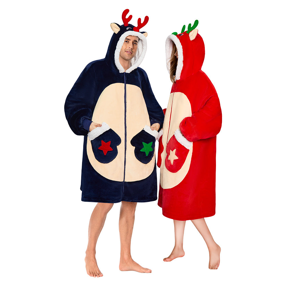 OLAOLA Red Reindeer Christmas Deer Fluffy Wearable Blanket Hoodie With Zipper Oversized Fleece Sherpa Sleepwear