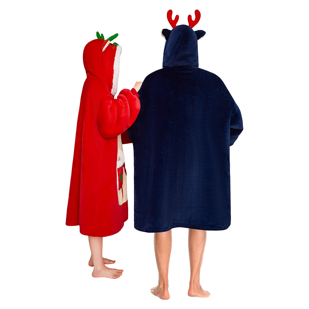 OLAOLA Red Reindeer Christmas Deer Fluffy Wearable Blanket Hoodie With Zipper Oversized Fleece Sherpa Sleepwear