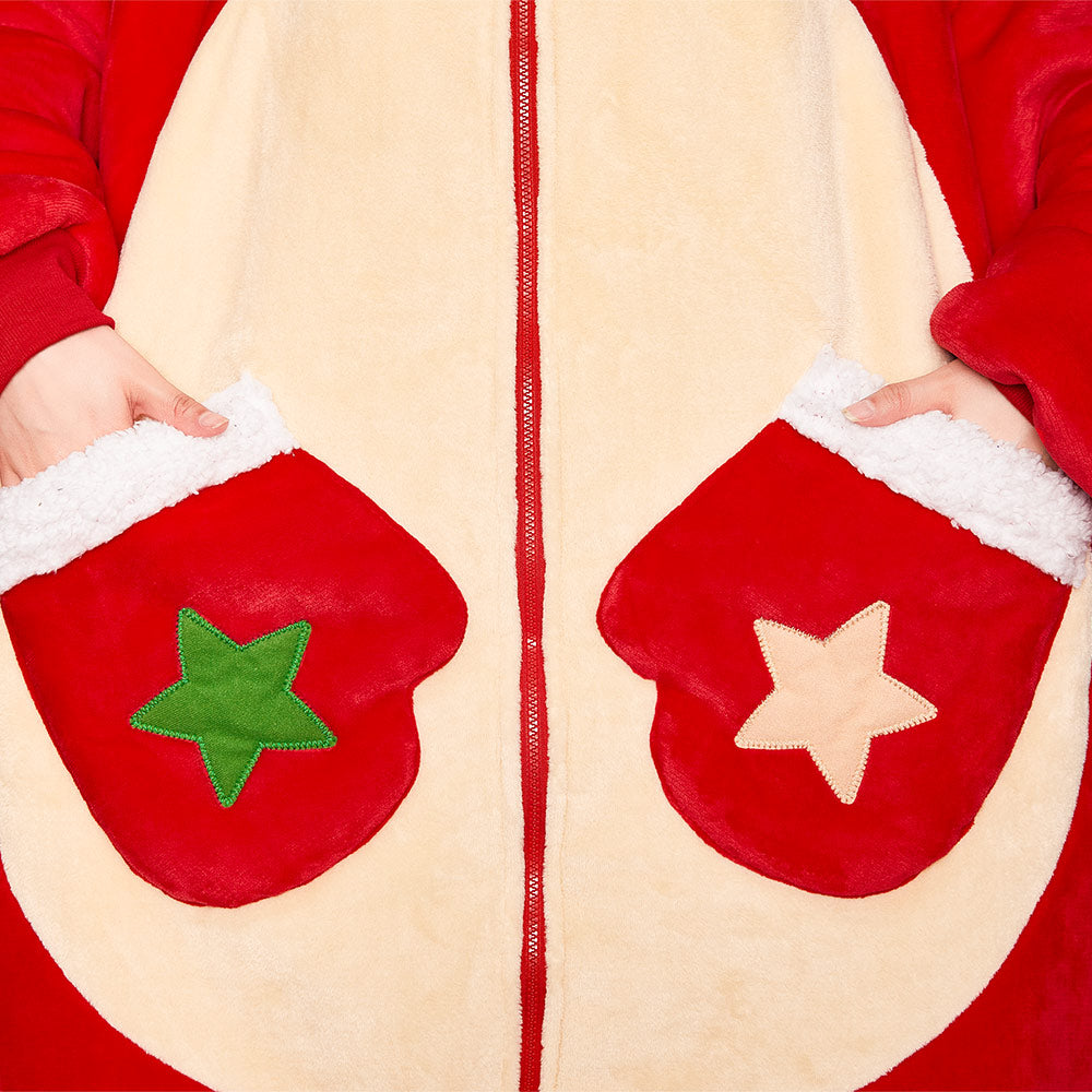 OLAOLA Red Reindeer Christmas Deer Fluffy Wearable Blanket Hoodie With Zipper Oversized Fleece Sherpa Sleepwear