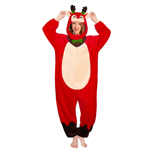 OLAOLA Red Reindeer Pajamas Unisex Plush Deer Animals Onesie For Adult Warm Home One-Piece Sleepwear Christmas Costume