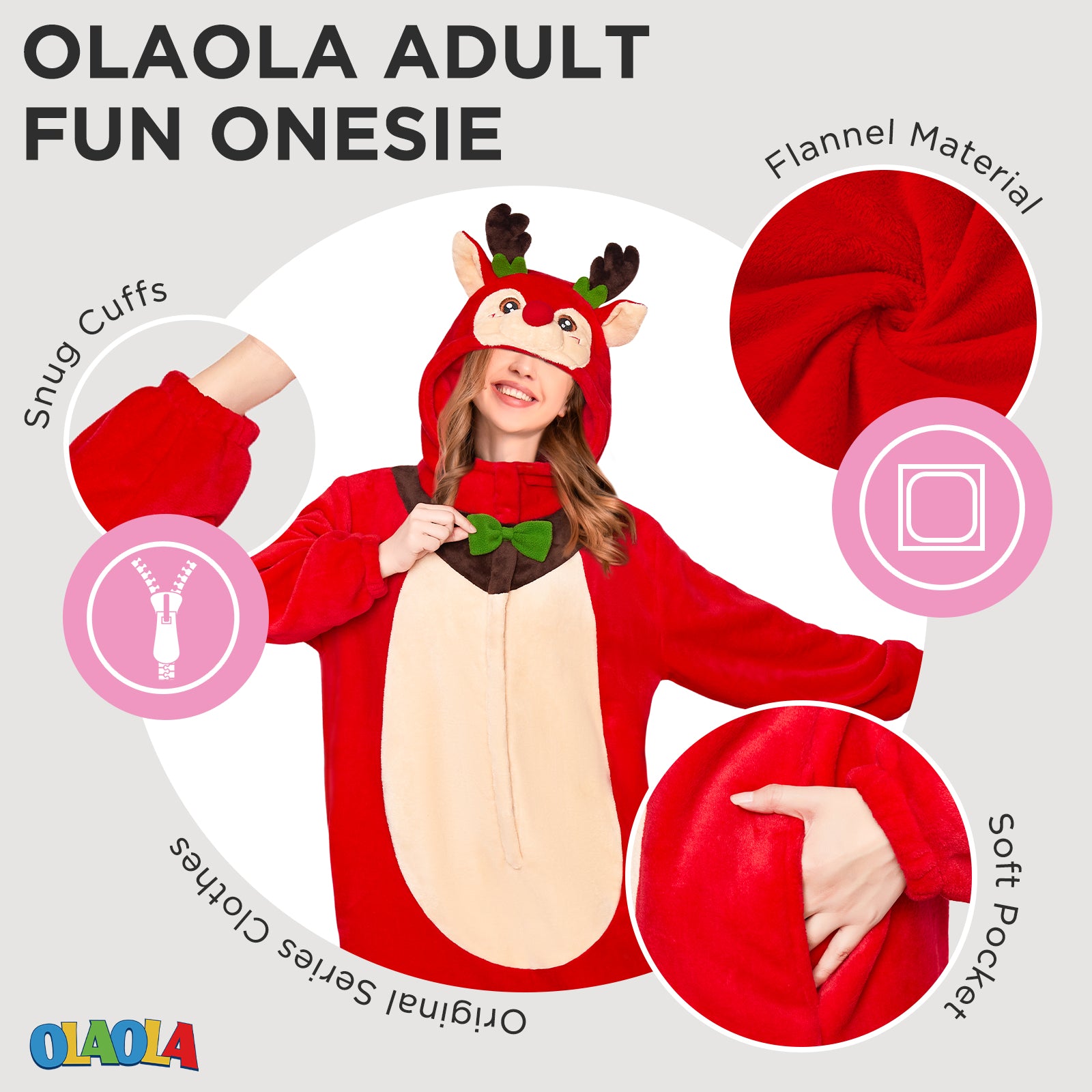 OLAOLA Red Reindeer Pajamas Unisex Plush Deer Animals Onesie For Adult Warm Home One-Piece Sleepwear Christmas Costume