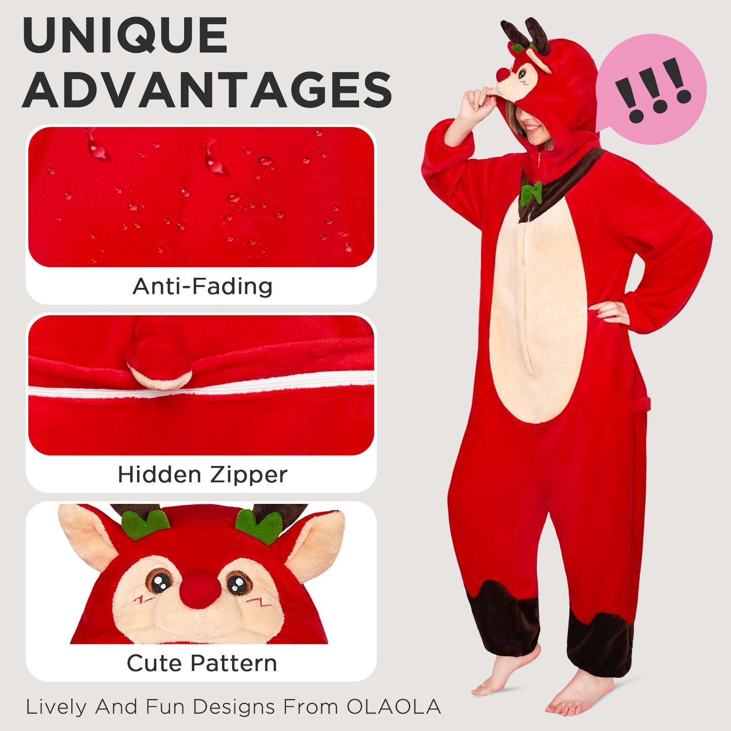 OLAOLA Red Reindeer Pajamas Unisex Plush Deer Animals Onesie For Adult Warm Home One-Piece Sleepwear Christmas Costume