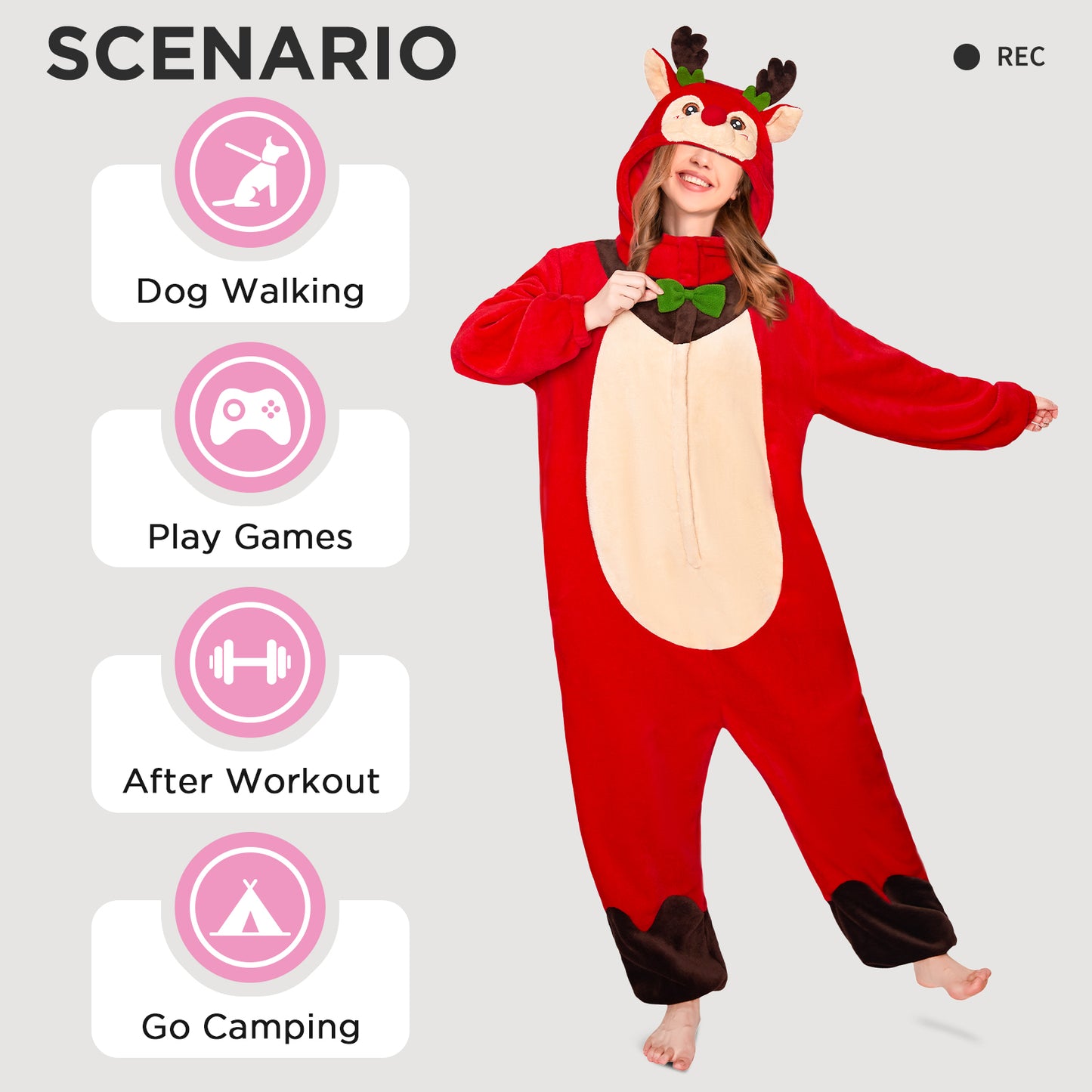 OLAOLA Red Reindeer Pajamas Unisex Plush Deer Animals Onesie For Adult Warm Home One-Piece Sleepwear Christmas Costume