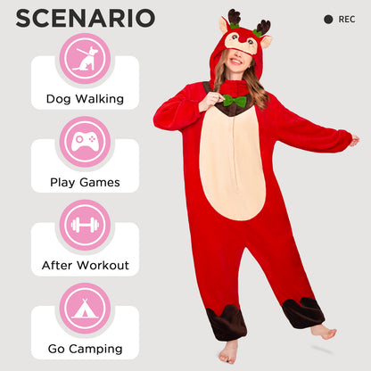 OLAOLA Red Reindeer Pajamas Unisex Plush Deer Animals Onesie For Adult Warm Home One-Piece Sleepwear Christmas Costume