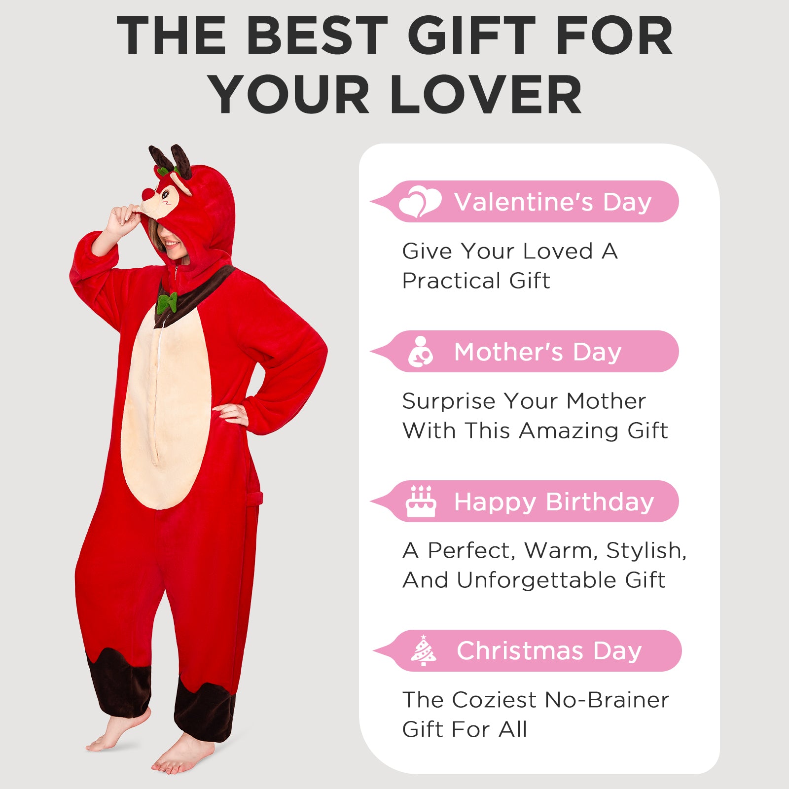 OLAOLA Red Reindeer Pajamas Unisex Plush Deer Animals Onesie For Adult Warm Home One-Piece Sleepwear Christmas Costume