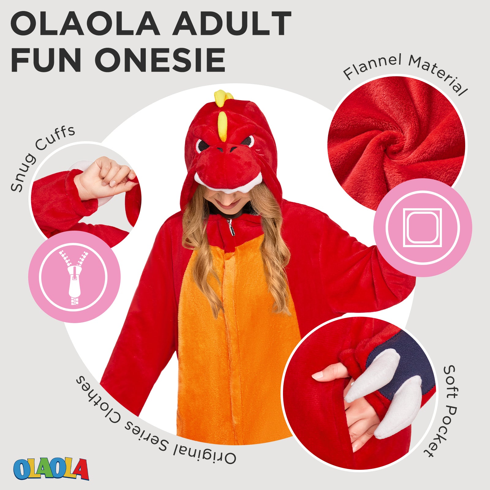 OLAOLA Red Tyrannosaurus Rex Pajamas Unisex Adult Dinosaur Plush Animals Onesie Sleepwear Halloween Cosplay Costume