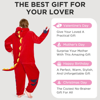 OLAOLA Red Tyrannosaurus Rex Pajamas Unisex Adult Dinosaur Plush Animals Onesie Sleepwear Halloween Cosplay Costume