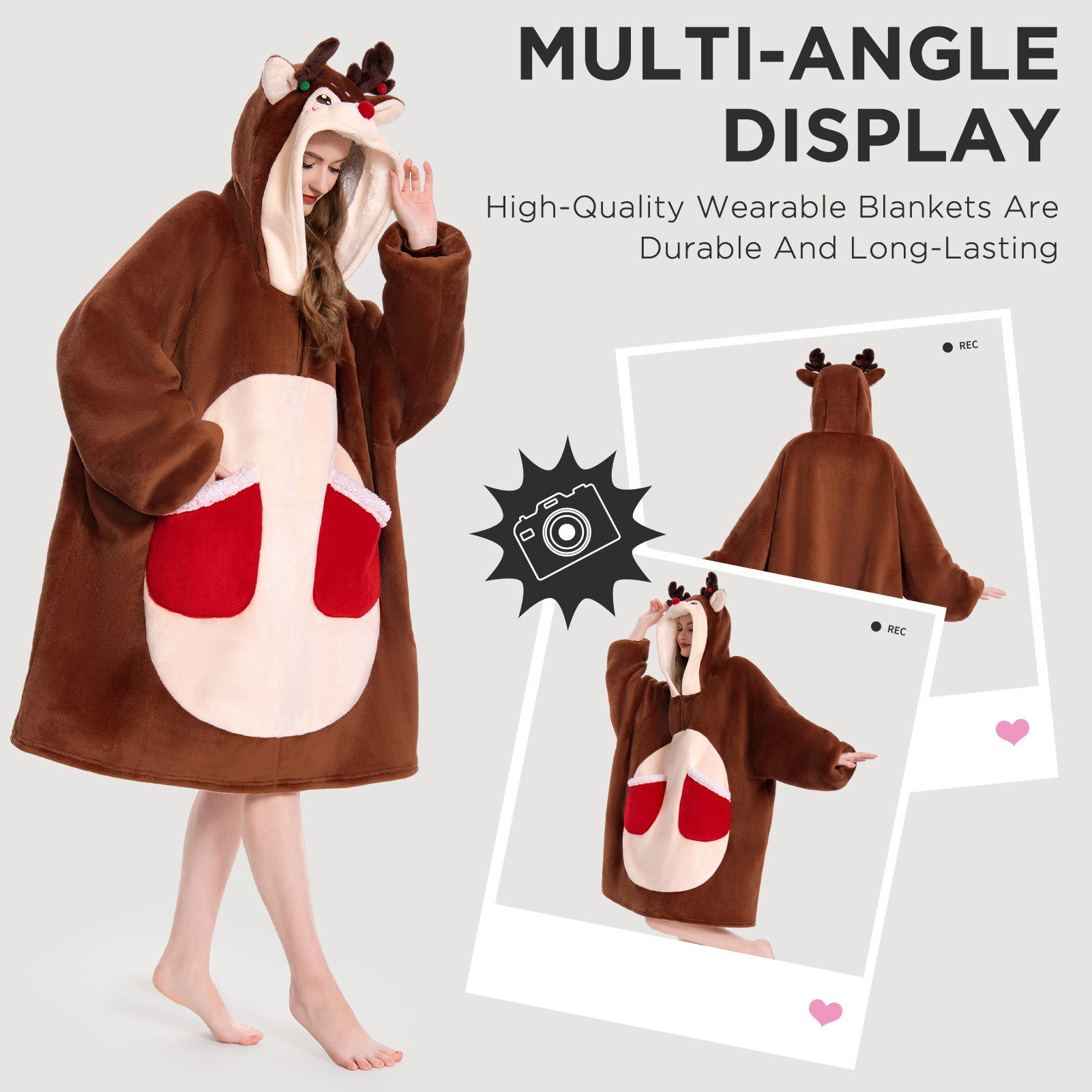 OLAOLA Reindeer Wearable Blanket Hoodie Deer Christmas Animals Onesie Oversized Soft Homewear For Adult