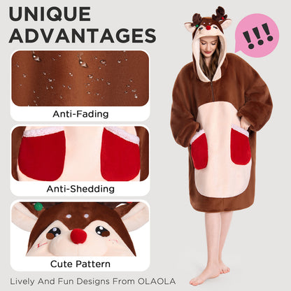OLAOLA Reindeer Wearable Blanket Hoodie Deer Christmas Animals Onesie Oversized Soft Homewear For Adult