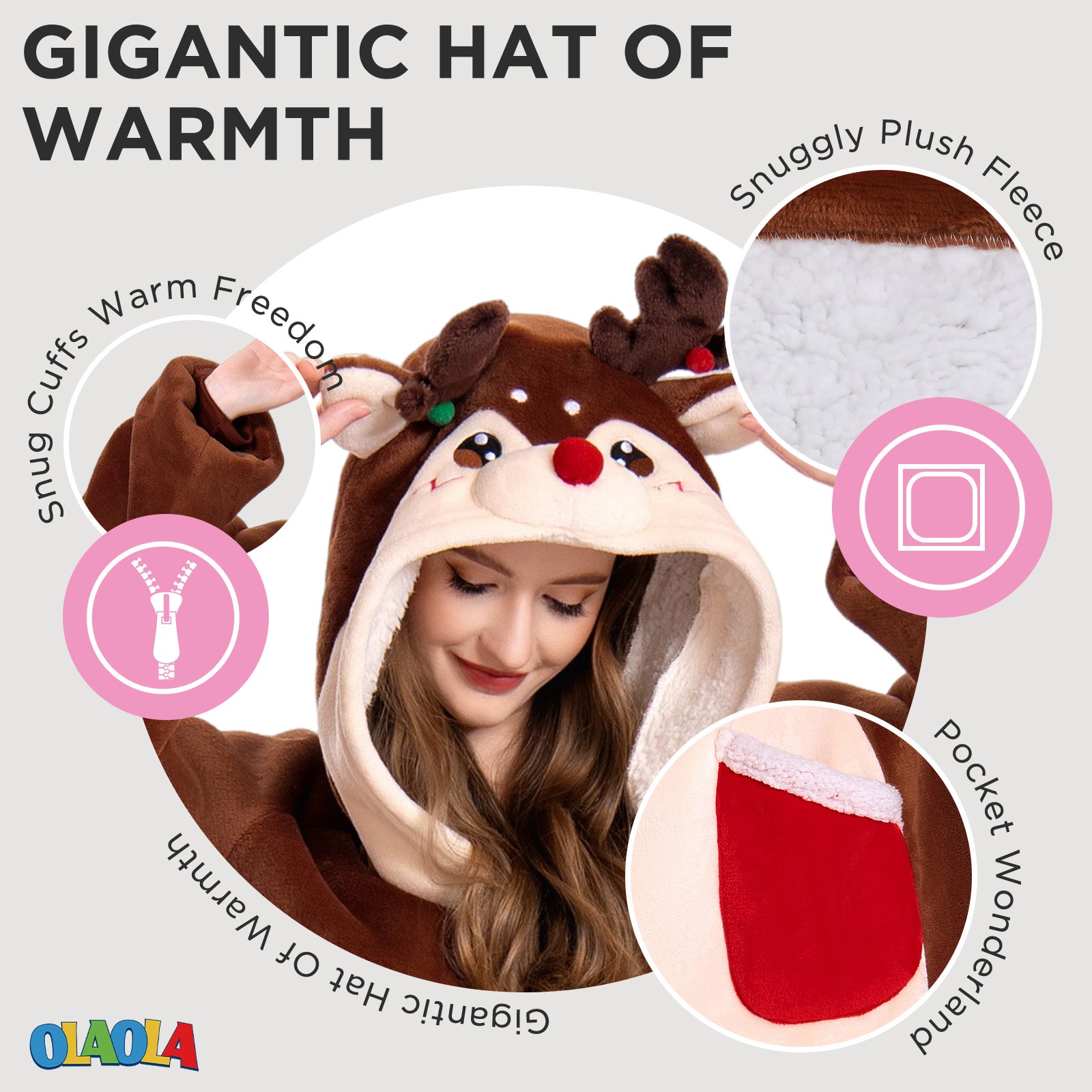 OLAOLA Reindeer Wearable Blanket Hoodie Deer Christmas Animals Onesie Oversized Soft Homewear For Adult