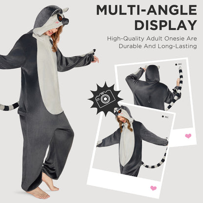 OLAOLA Ring-Tailed Lemur Pajamas Monkey Animals Onesie Plush Warm Home One Piece For Adult Unisex Halloween Costume