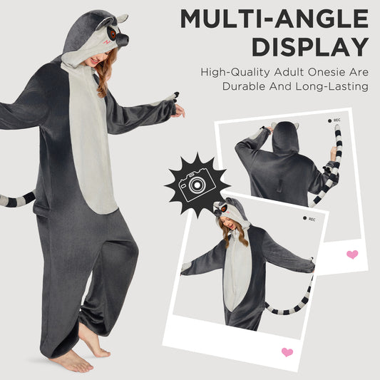 OLAOLA Ring-Tailed Lemur Pajamas Monkey Animals Onesie Plush Warm Home One Piece For Adult Unisex Halloween Costume