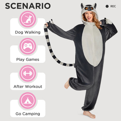 OLAOLA Ring-Tailed Lemur Pajamas Monkey Animals Onesie Plush Warm Home One Piece For Adult Unisex Halloween Costume