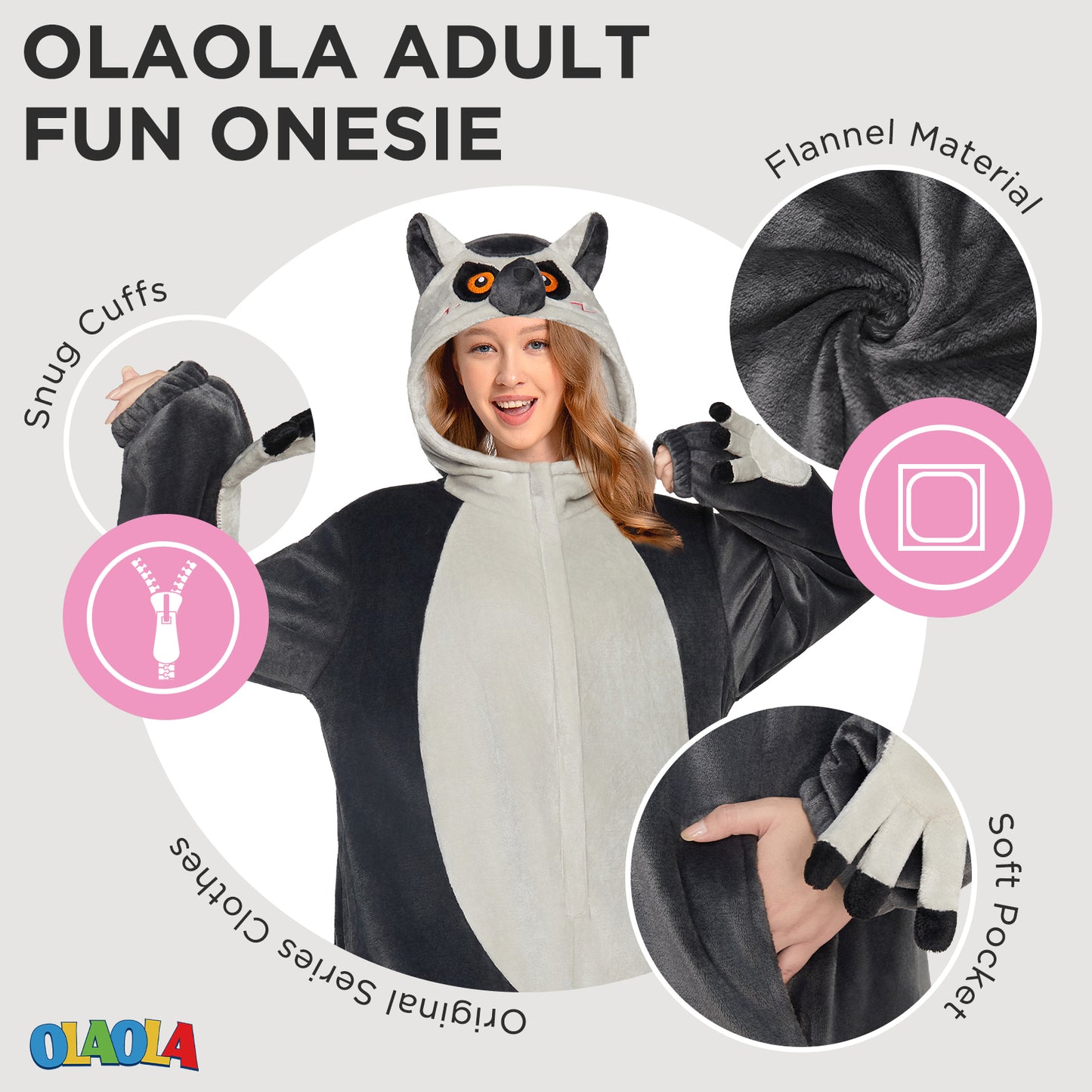 OLAOLA Ring-Tailed Lemur Pajamas Monkey Animals Onesie Plush Warm Home One Piece For Adult Unisex Halloween Costume
