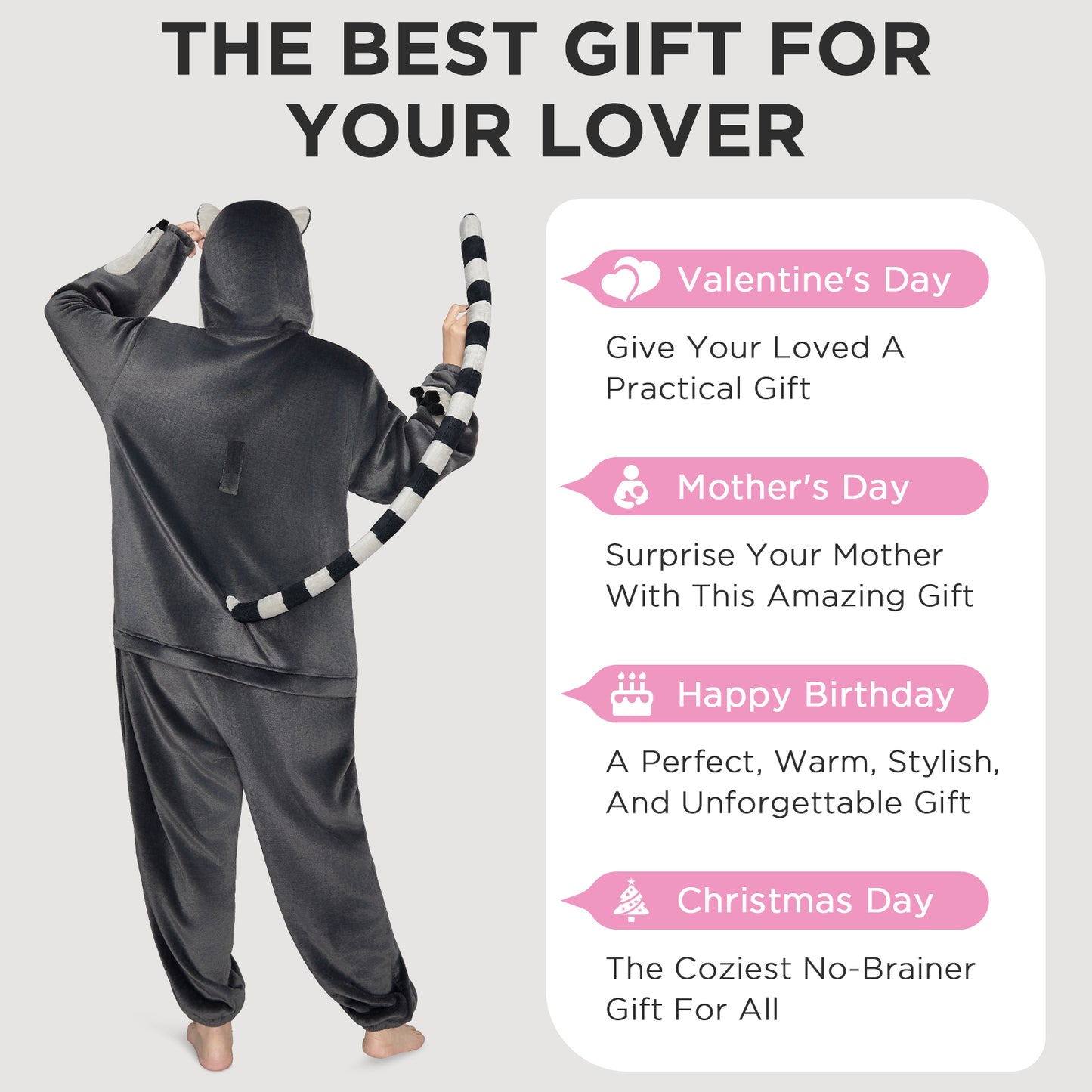 OLAOLA Ring-Tailed Lemur Pajamas Monkey Animals Onesie Plush Warm Home One Piece For Adult Unisex Halloween Costume