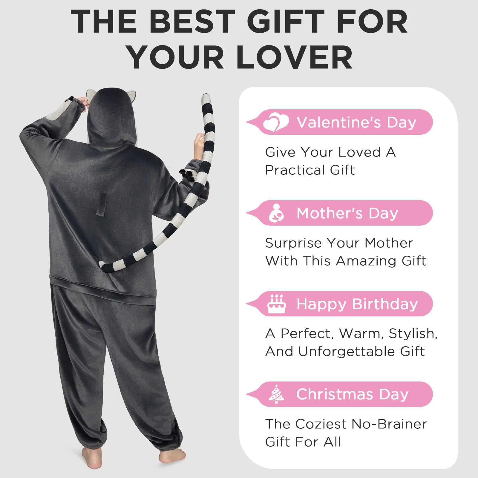 OLAOLA Ring-Tailed Lemur Pajamas Monkey Animals Onesie Plush Warm Home One Piece For Adult Unisex Halloween Costume